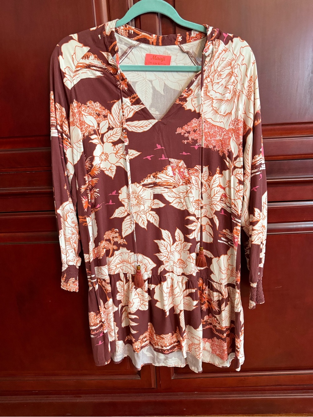 Maaji Brown Floral Long-Sleeve V-Neck Dress with Cream & Rust Accents